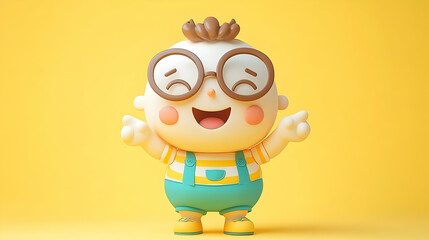 Adorable Cartoon Boy with Glasses and Striped Shirt Standing on Bright Yellow Background in Studio Lighting Optimized for Adobe Stock Photos