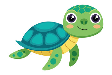 Obraz premium Cute Green Cartoon Turtle with Big Eyes and Turquoise Shell on Transparent Background