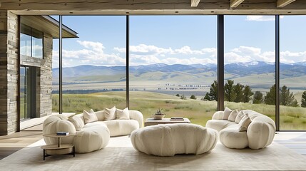 Fototapeta premium Elegant home interior with views of mountains and landscape