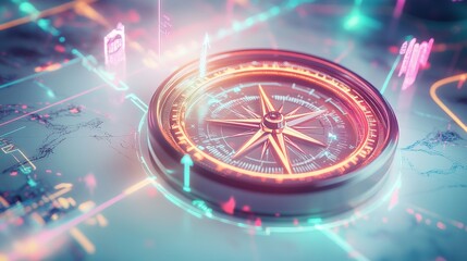 Futuristic digital compass with glowing neon interface and holographic data.