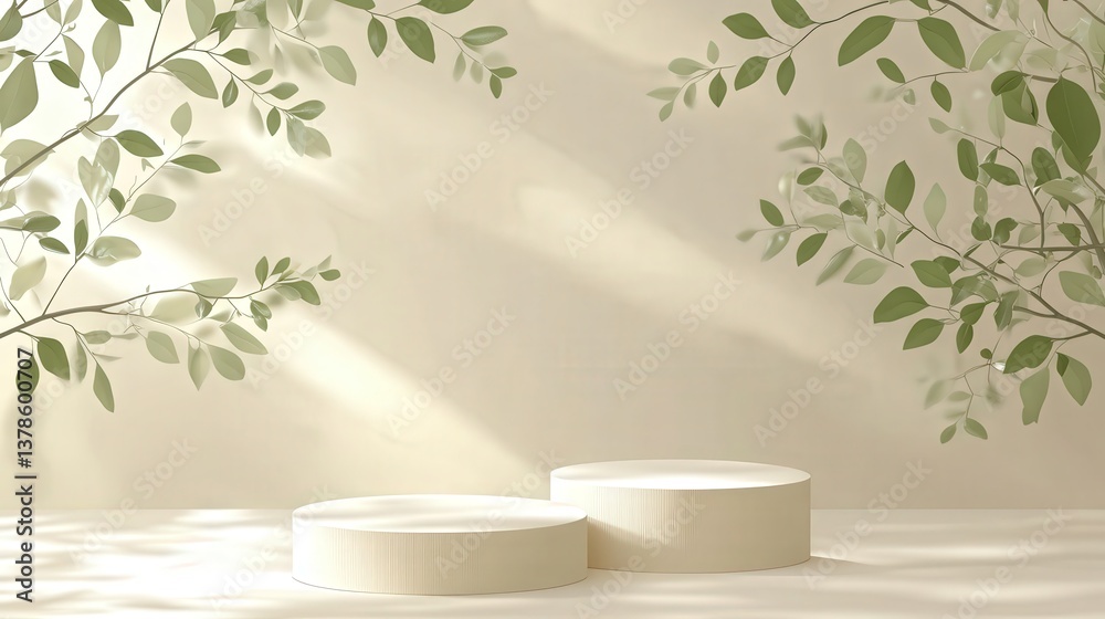 Poster clean and simple design with round podiums on a beige stage. the soft shadows of tree leaves add a n