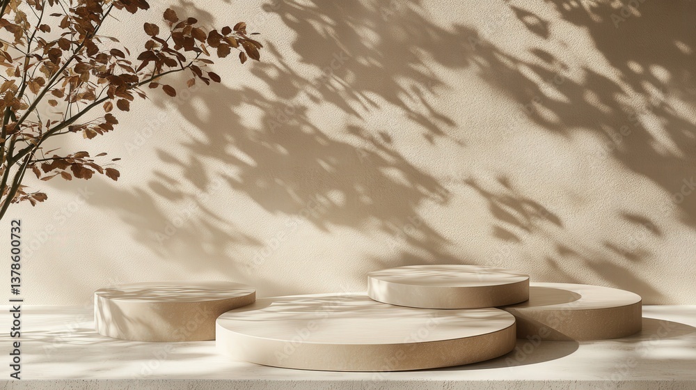 Poster clean and simple design with round podiums on a beige stage. the soft shadows of tree leaves add a n
