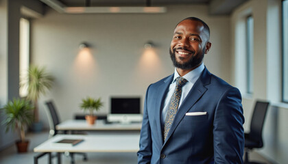Fototapeta premium A portrait headshot photo of a friendly professional CEO executive business worker: A confident, young Black professional man in a navy suit smiles warmly at the camera while standing in a modern