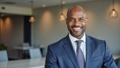 A portrait headshot photo of a friendly professional CEO executive business worker: A smiling, confident Black businessman in a navy suit looks directly at the camera in a modern office setting.