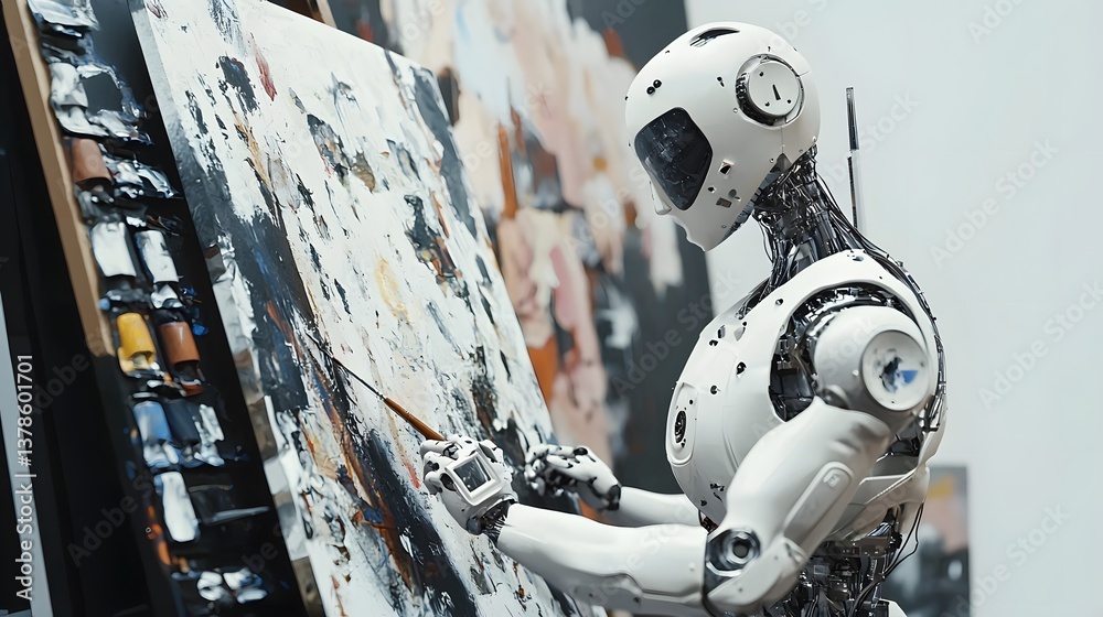Aufkleber a robot painter creating a masterpiece on a digital canvas, pixels transforming into reality, cinema