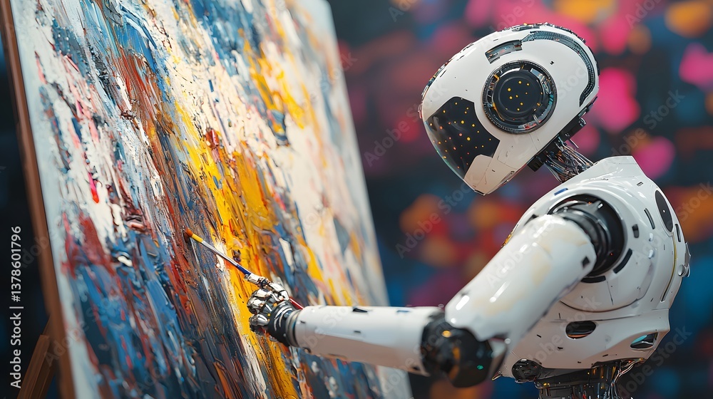 Poster A robot painter creating a masterpiece on a digital canvas, pixels transforming into reality, cinematic AI creativity