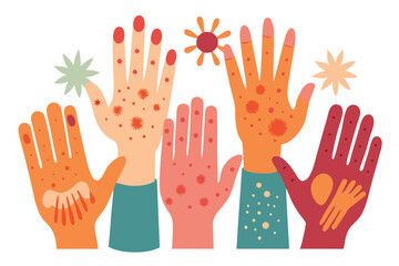 Obraz premium Diverse Hands Group with Spots and Shapes on White Background Flat Design