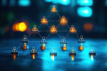 Digital network structure with illuminated human icons representing a collaborative team in a modern business environment, showcasing connectivity and innovation