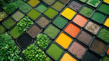 Fototapeta premium Aerial view of diverse crops organized in colorful geometric patterns
