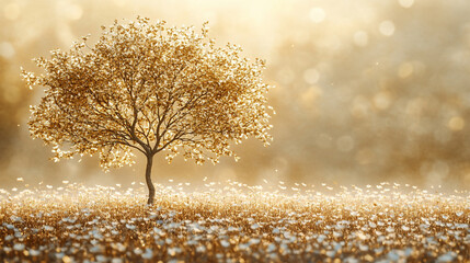  A golden tree stands alone against a clean background, symbolizing wealth, wisdom, and resilience. Its metallic sheen reflects luxury and timeless growth in a modern aesthetic