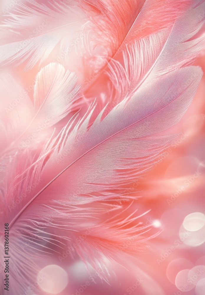 Aufkleber A close-up of soft pink feathers, their delicate texture and shimmering colors creating an enchantment in the air. The background is blurred with bokeh lights to highlight the feather details.