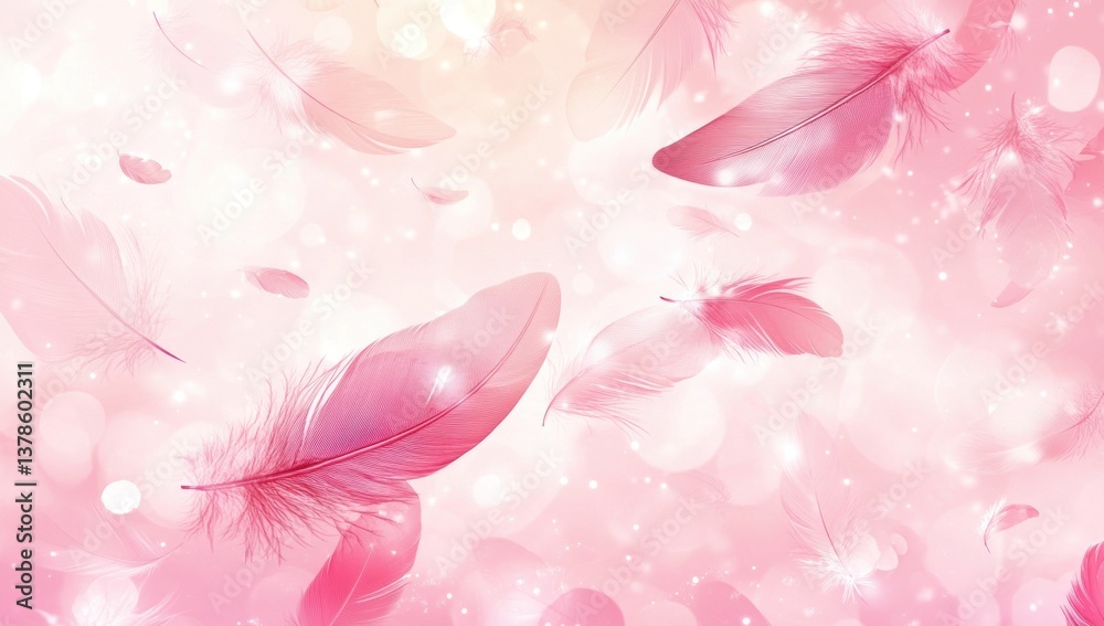 Poster Pink background with feathers floating in the air, creating an atmosphere of lightness and dreaminess. This design is suitable for use as a wallpaper or screen, adding a touch of elegance to any space