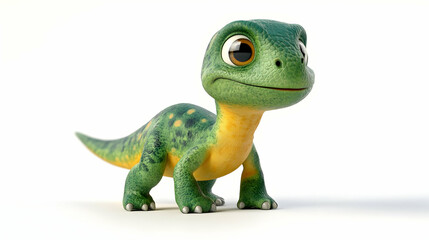 Obraz premium Adorable Green and Yellow Cartoon Dinosaur Toy Standing on White Background Under Studio Lighting with Detailed Textures