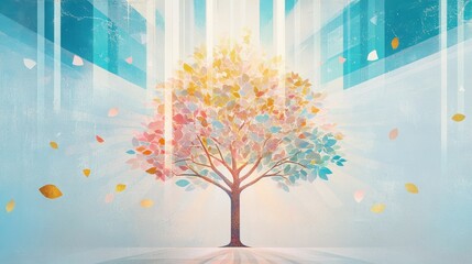 Abstract tree with vibrant, glowing leaves in a futuristic digital space.