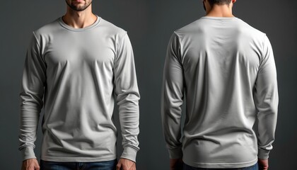 Man in plain gray long sleeve t-shirt front back view for apparel design mockup. Blank template, casual clothing, front and back template for print designs. Empty t-shirt on male model.