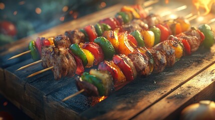 A plate of grilled meat and vegetable skewers