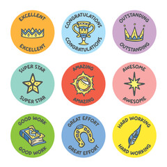 Set of kids children cute good job hard work grade sticker stamp for student teacher back to school classroom study kindergarten reward encouragement for print gifts mark