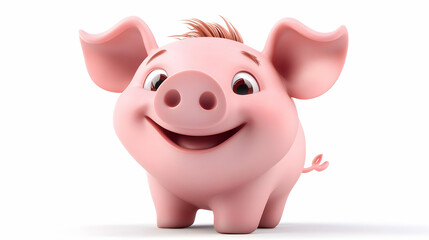 Fototapeta premium Adorable Pink Pig Cartoon Illustration with Smiling Face on White Background a Cheerful 3D Rendering of Domestic Farm Animal for Kids Content
