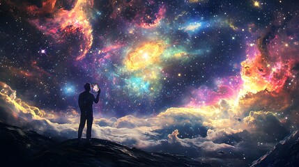 Obraz premium A cosmic traveler painting constellations onto the fabric of space, stars forming beneath their brush, cinematic celestial artistry