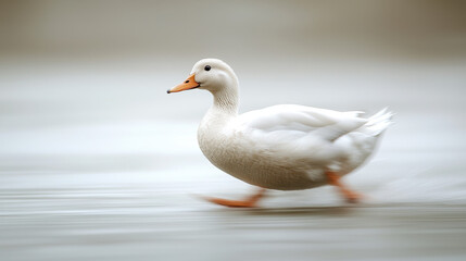 Fototapeta premium The Duck's Stroll: A pure white duck gracefully strolls across a blurred, evocative environment, symbolizing a peaceful, simple journey. Capturing a moment of effortless grace and movement.