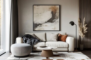 Modern Living Room with White Sofa, Round Coffee Table, Rug and Abstract Wall Art