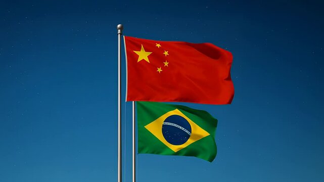 Flags of China and Brazil waving together against a starry night sky showcasing international relations