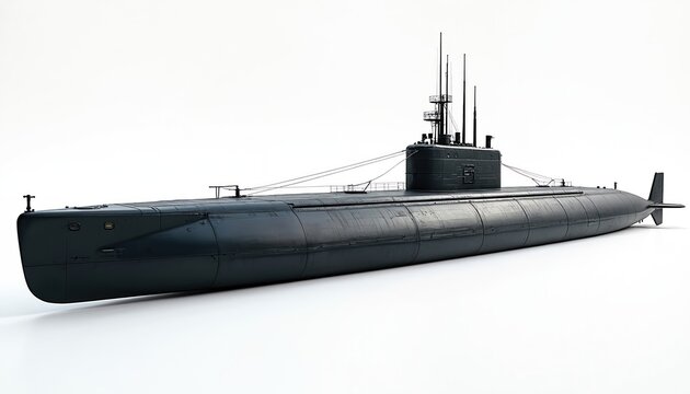 Military submarine isolated white background. Naval vessel underwater. Warship, modern submarine design. Underwater vehicle. Army, navy, maritime theme. Technology, defense, warfare.
