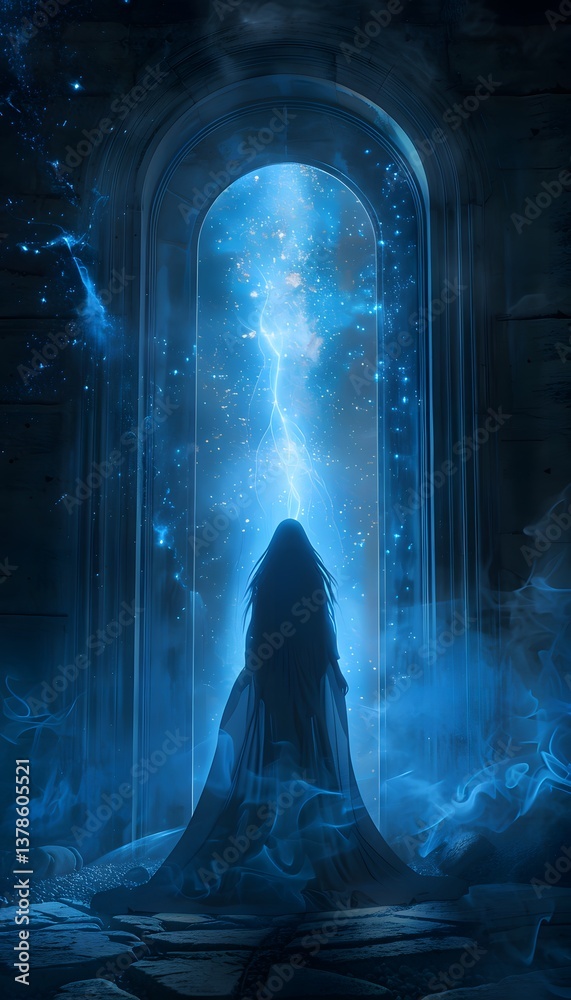 Poster a mystical queen standing before a gateway of pure light, preparing to step into the unknown as her 