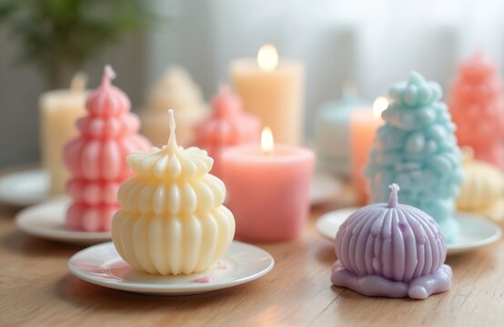 Colorful handmade candles on table. Burning candle lights, different forms, shapes. Aromatherapy, home decoration, spa, relaxation, romantic atmosphere. Wax candles in different shapes and colors.