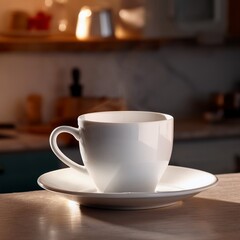 white coffee cup with white cup plate sitting on kitchen counter