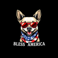  A cheerful Labrador Retriever with refined features, wearing red sunglasses and an American flag scarf, 14th for july celebration. Below, the phrase "BLESS AMERICA". Created with generative AI.