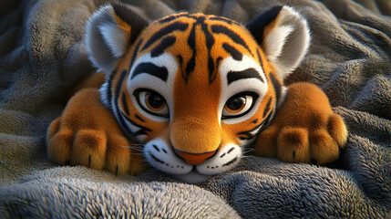 Adorable Tiger Cub Portrait with Orange Fur and Black Stripes Laying on Soft Textured Gray Blanket