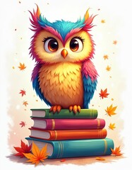 Fototapeta premium Cute colorful owl sits on books. Illustration for back school. Smart owl, education concept. Books, autumn leaves. Watercolor style, bright colors, cartoon character.