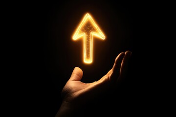 Hand holding glowing upward arrow symbolizing growth and success in business. AI generated illustration.