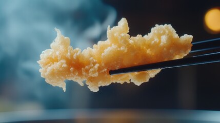 Crispy tempura shrimp delicately lifted by chopsticks, the golden batter taking center stage.