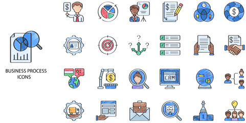 Business Process simple concept 24 hand drawn color icons set. Contains such administrate, blue, business, businessman .Vector illustration.