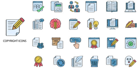 Copyright simple concept 24 hand drawn color icons set. Contains such copyright, legal, paten .Vector illustration.