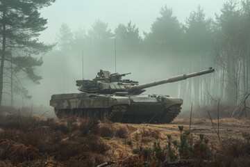 Kutae abrams tank on high alert in foggy woodland clearing military action dense forest tactical view