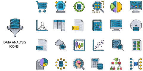 Data Analysis simple concept 24 hand drawn color icons set. Contains such artificial intelligence, network security, data, cloud computing .Vector illustration.