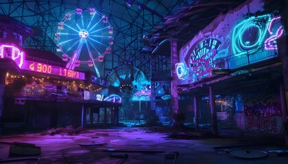 Obraz premium A punk festival taking place inside an abandoned amusement park, where Ferris wheels and roller coasters flicker with glowing projections