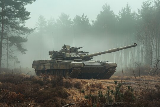 Kutae abrams tank on high alert in foggy woodland clearing military action dense forest tactical view