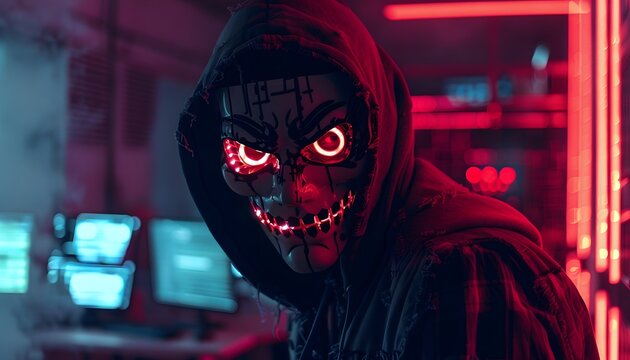 A punk hacker wearing a digital mask, decoding encrypted messages in an underground cyber-club