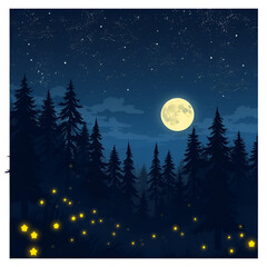 Fototapeta premium Anime style of dark night forest with full moon in the sky with Glowing Fireflies Under a Starry Sky