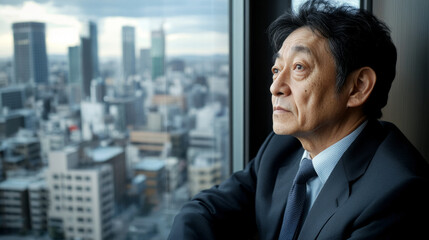 Fototapeta premium Contemplative businessman gazing at city skyline urban setting portrait photography reflective mood