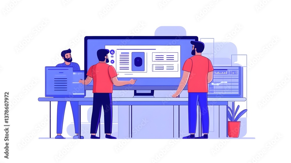 Wall mural prompt engineering concept with miniature people working on commands in futuristic flat design