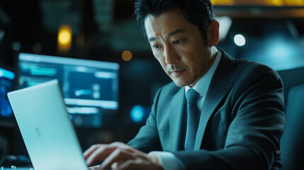 Cybersecurity analyst resolves data breach crisis corporate office digital narrative high-tech environment focused viewpoint