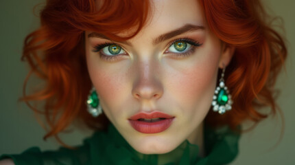 Fototapeta premium Beautiful young red-haired woman with green eyes in a green dress and emerald earrings