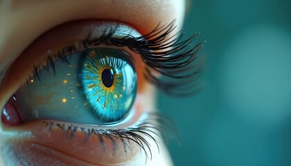Close-up of eye with digital circuitry reflected in pupil. Concept art of futuristic tech vision. Human eye with cybernetic design. Beautiful art with glowing effect. Innovative, modern art, AI