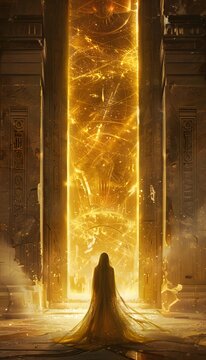 A mystical queen standing before a golden portal leading to an ancient lost civilization, her flowing robes shifting between centuries