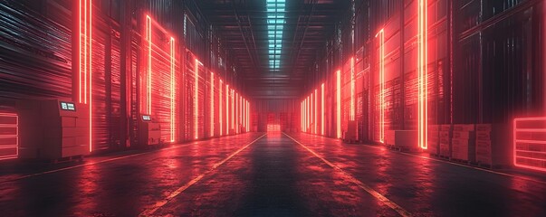 Futuristic warehouse with glowing QR code scanners processing packages